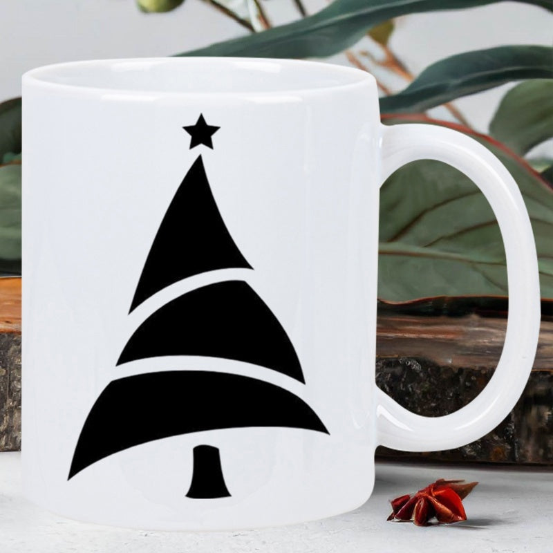 Tailorly White Ceramic 11 oz Mug - Elegant Minimalist Black Silhouette Standing Tall With A Small Bright Star Tree