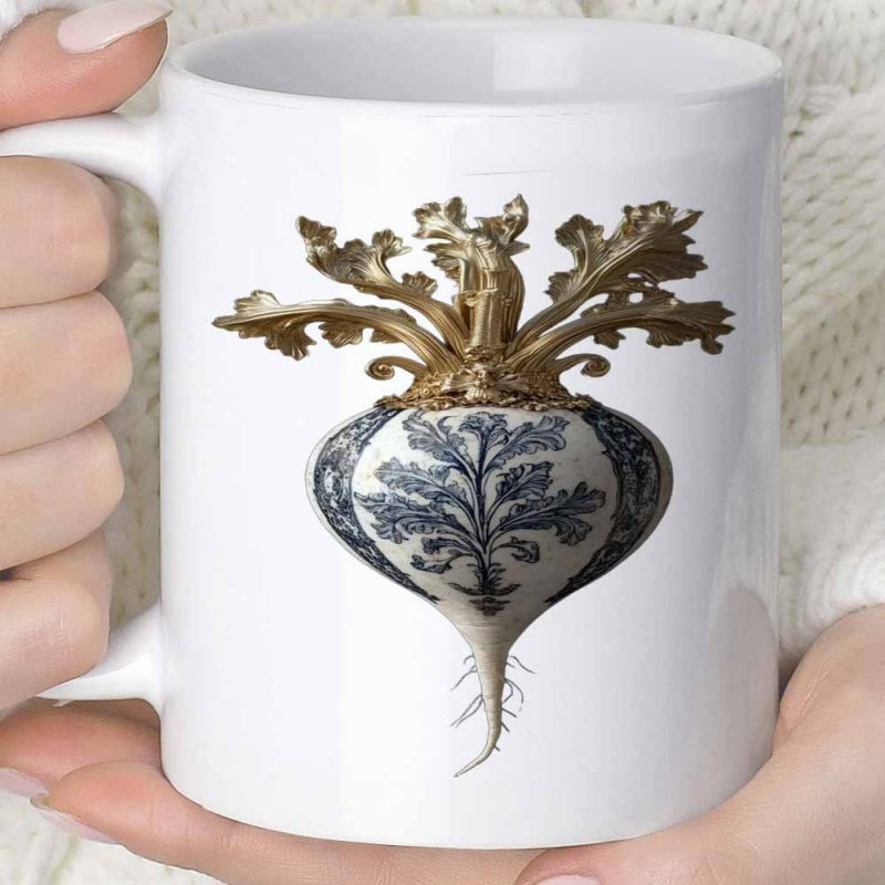Tailorly White Ceramic 11 oz Mug - Elegant Ornate Gold Leaves With Blue And White Porcelain Style Pattern Beet