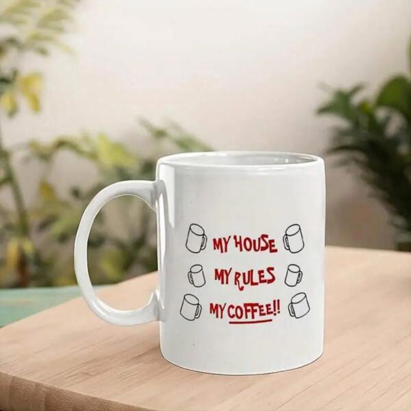 Tailorly White Ceramic 11 oz Mug - My House My Rules My Coffee Minimalist White Ceramic Vessel With Hand Drawn Small Dotted Sketches Of Mug