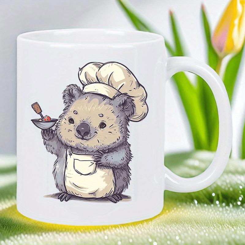 Tailorly White Ceramic 11 oz Mug - Cute Little Furry Chef Wearing White Hat Holding Small Cooking Bowl Koala