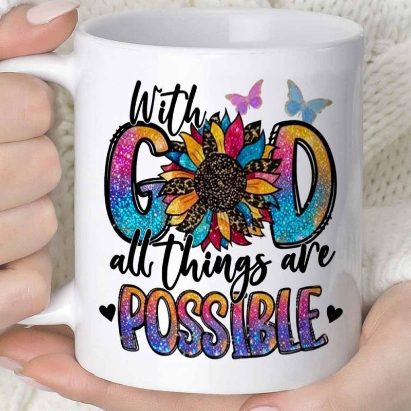 Tailorly White Ceramic 11 oz Mug - With God All Things Are Possible Colorful Petals With Leopard Prints And Butterflies In Flight Sunflower