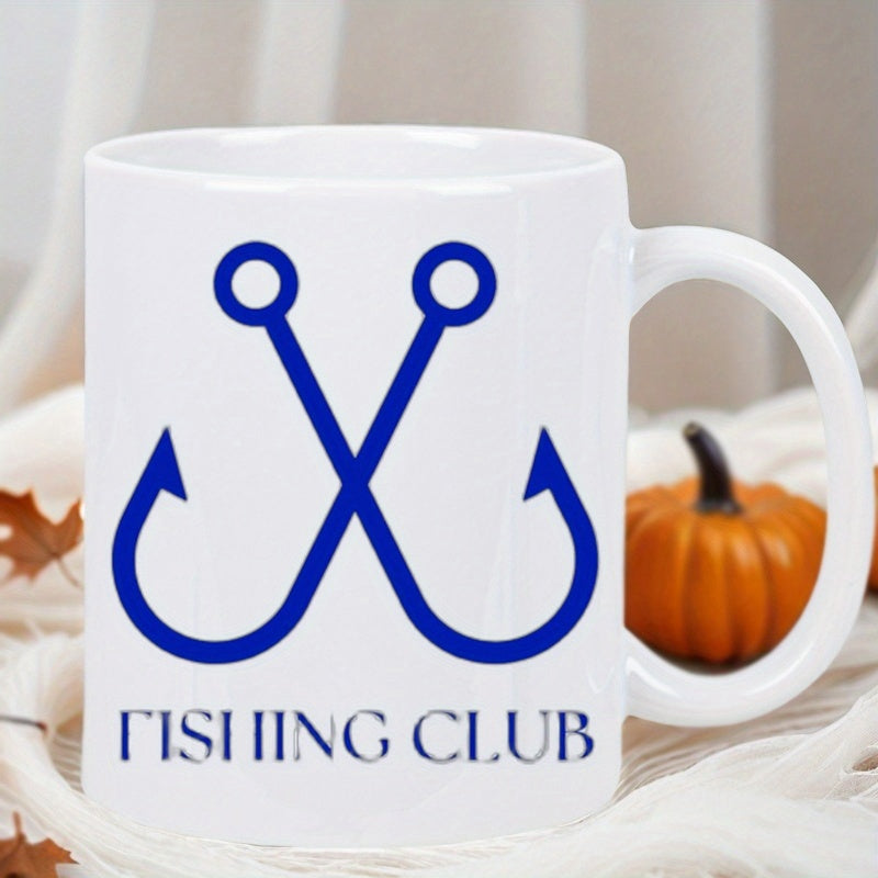 Tailorly White Ceramic 11 oz Mug - Fishing Club Blue Minimalist Design Featuring Two Large Crossed Sharp Metal Fishing Hook