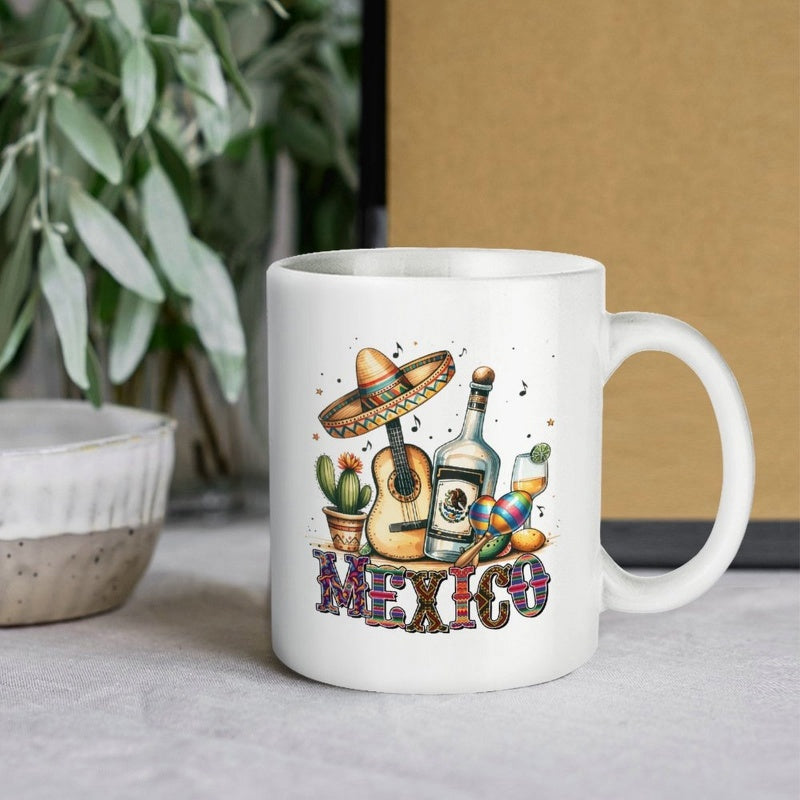 Tailorly White Ceramic 11 oz Mug - Mexico Festive Cultural Elements Featuring A Guitar And Tequila Bottle Among Musical Notes Sombrero