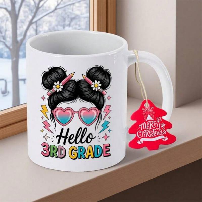 Tailorly White Ceramic 11 oz Mug - Hello 3rd Grade Artistic Messy Buns With Heart Sunglasses And Pencils Mug