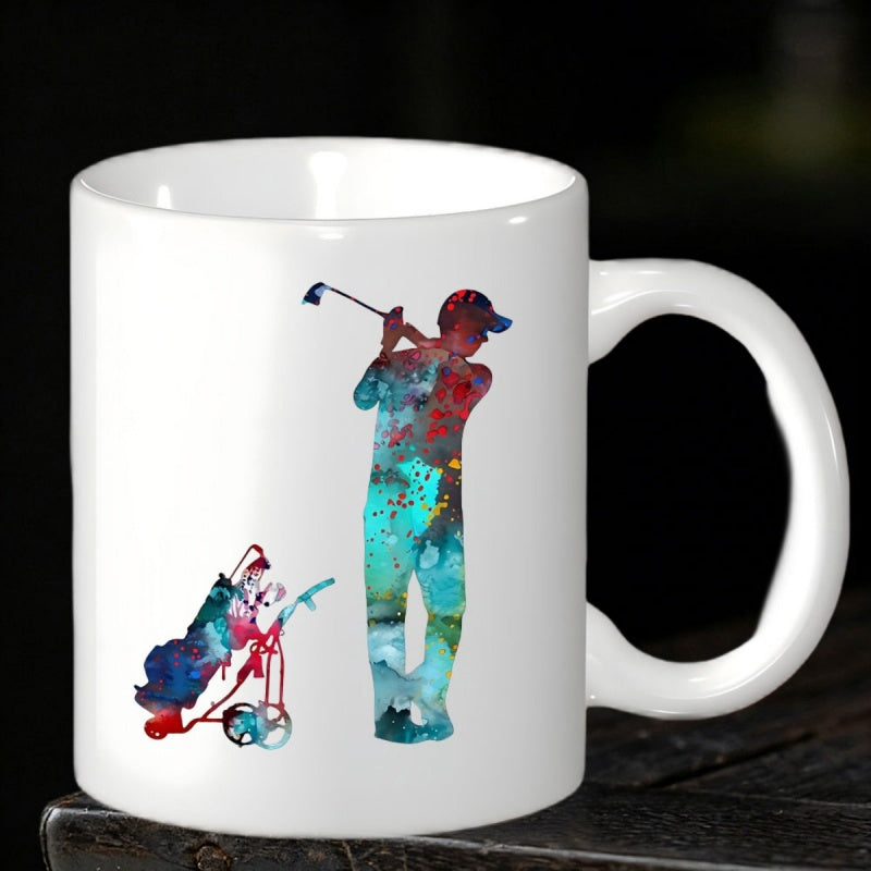 Tailorly White Ceramic 11 oz Mug - Artistic Watercolor Style Splatter Silhouette Holding A Golf Club Near Cart Golfer