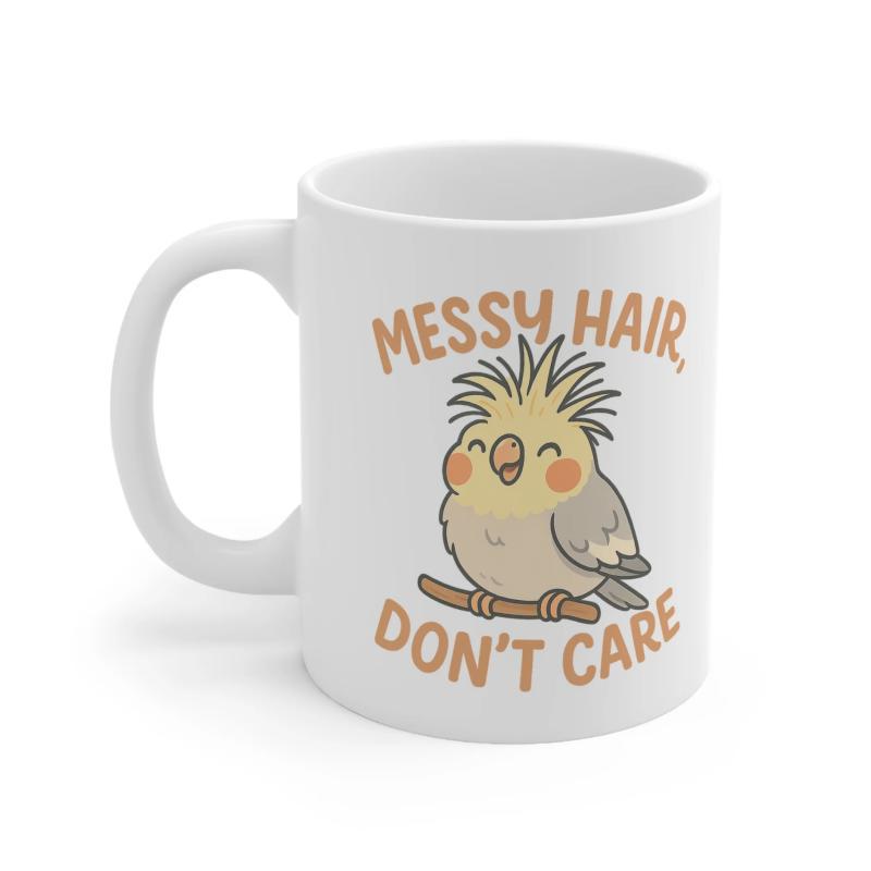 Tailorly White Ceramic 11 oz Mug - Messy Hair Don't Care Cute Smiling Bird Perched On A Branch With Messy Feathers Cockatiel