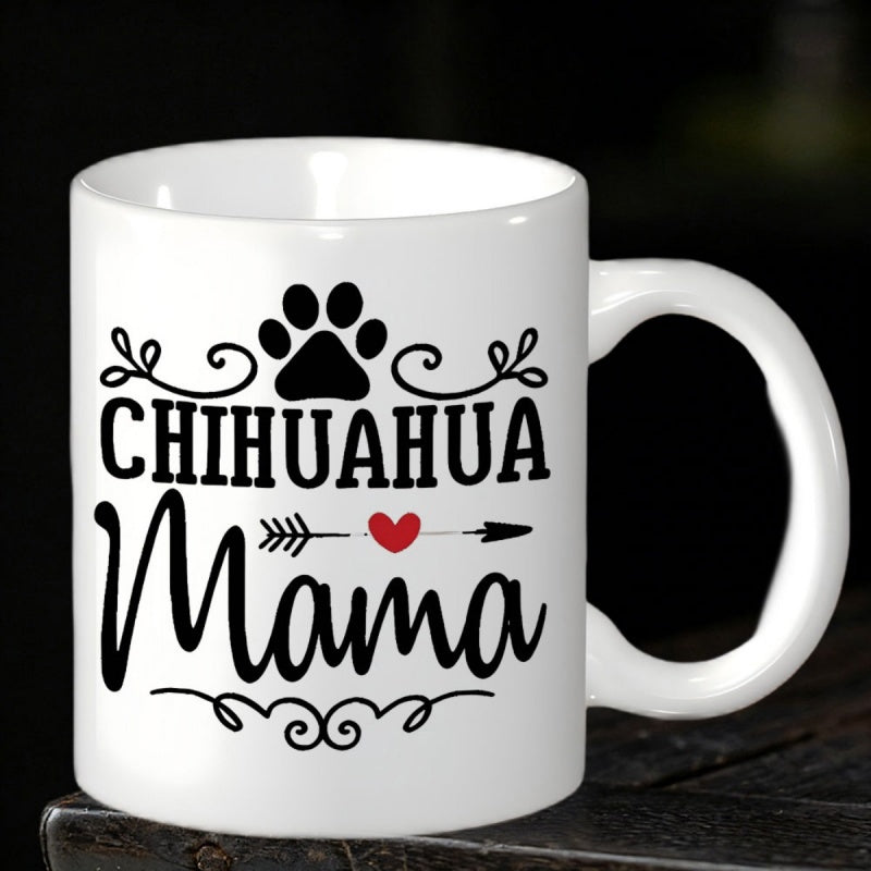 Tailorly White Ceramic 11 oz Mug - Chihuahua Mama Artistic Black Swirls Featuring A Heart Arrow And Tiny Paw
