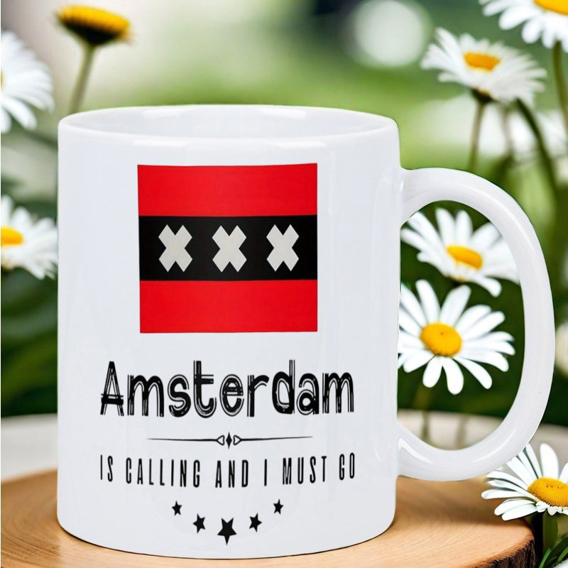 Tailorly White Ceramic 11 oz Mug - Amsterdam Is Calling And I Must Go Three White Saltire Crosses Against Red And Black City Flag Background Mug