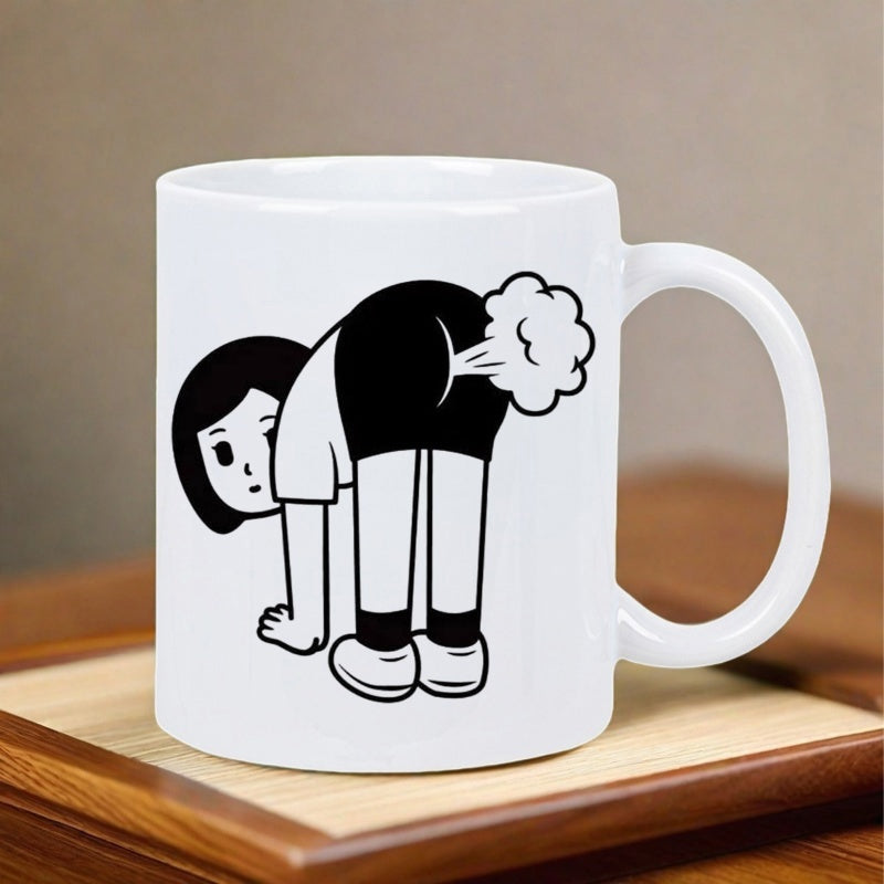 Tailorly White Ceramic 11 oz Mug - Minimalist Black Line Art Bending Character With Cartoon Cloud Farting Mug