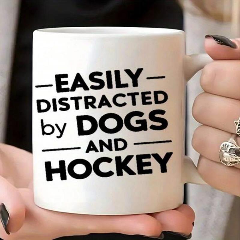 Tailorly White Ceramic 11 oz Mug - Easily Distracted By Dogs And Hockey Minimalist Bold Typography Featuring Symmetric Horizontal Lines Modern Decorative Sign