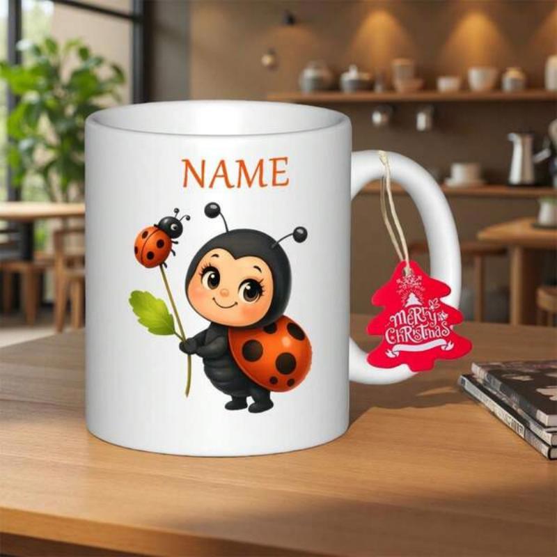 Tailorly White Ceramic 11 oz Mug - Name Merry Christmas Adorable Smiling Cartoon Character Holding Small Green Leaf Ladybug
