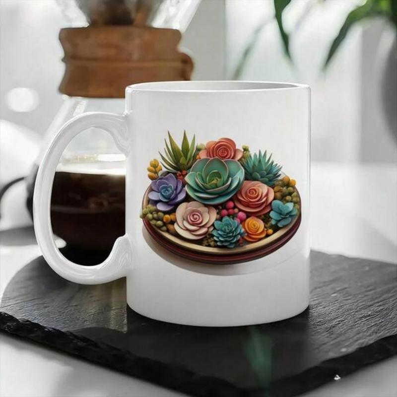 Tailorly White Ceramic 11 oz Mug - Vibrant Colorful Botanical Arrangement Nestled Inside A Round Minimalist Ceramic Bowl Succulent