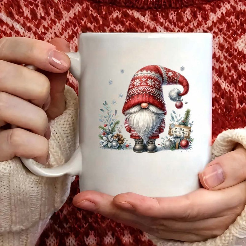 Tailorly White Ceramic 11 oz Mug - Merry Christmas Adorable Scandinavian Festive Character Wearing Red Patterned Hat Standing In Snow Gnome