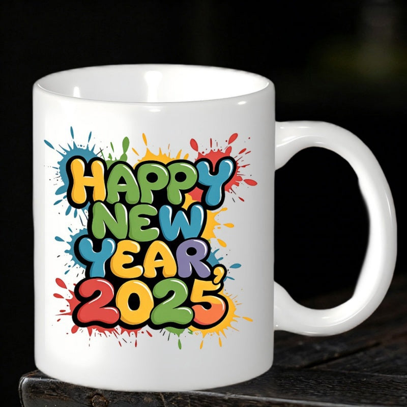 Tailorly White Ceramic 11 oz Mug - Happy New Year 2025 Artistic Multi Colored Bubble Font Among Vibrant Decorative Ink Splatter