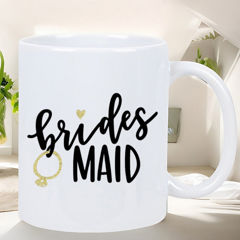 Tailorly White Ceramic 11 oz Mug - Brides Maid Elegant Script Lettering Featuring A Golden Heart And Diamond Ring