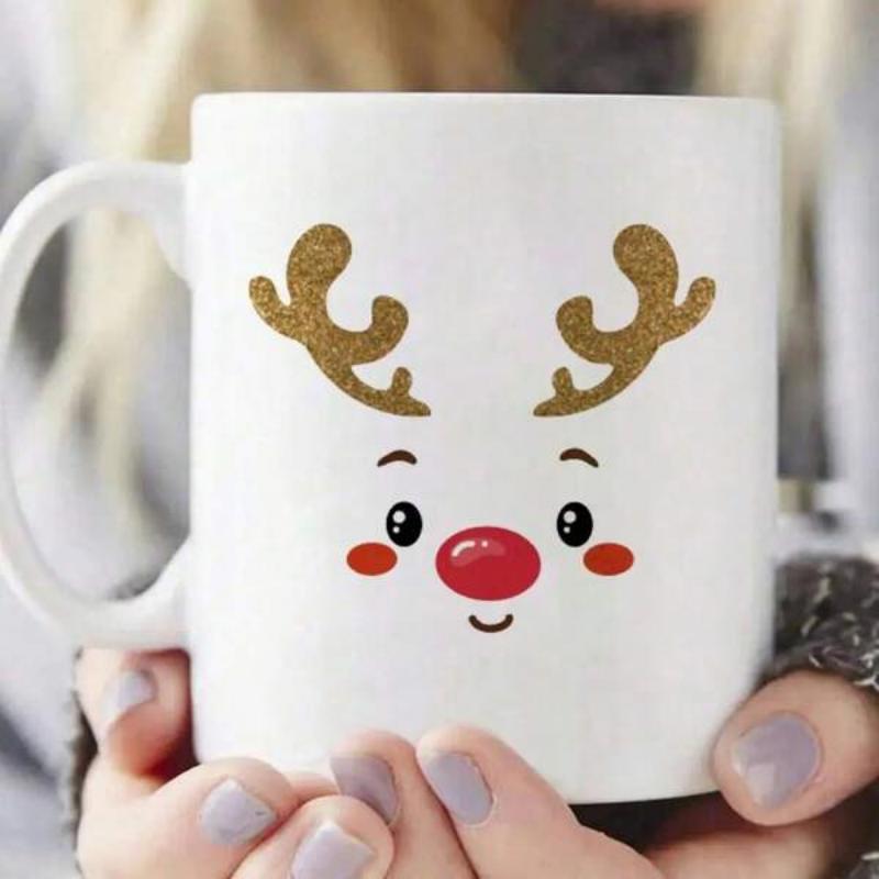 Tailorly White Ceramic 11 oz Mug - Cute Festive Reindeer Face With Golden Glitter Antlers And Bright Red Nose Reindeer