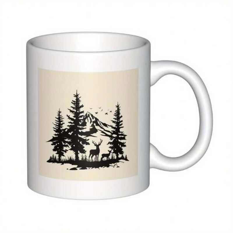 Tailorly White Ceramic 11 oz Mug - Majestic Pine Trees And Rugged Mountain Peak Among Wild Nature Deer