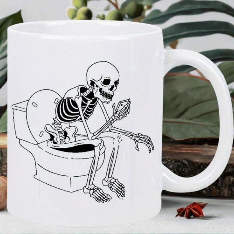 Tailorly White Ceramic 11 oz Mug - Funny Minimalist Black Line Art Featuring A Skeleton On A Porcelain Toilet Skeleton