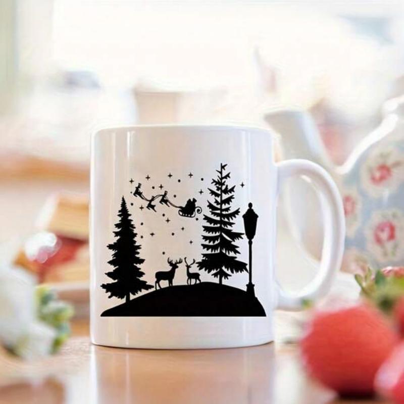 Tailorly White Ceramic 11 oz Mug - Silhouette Reindeer And Santa Flying Above A Snowy Pine Forest Winter Landscape