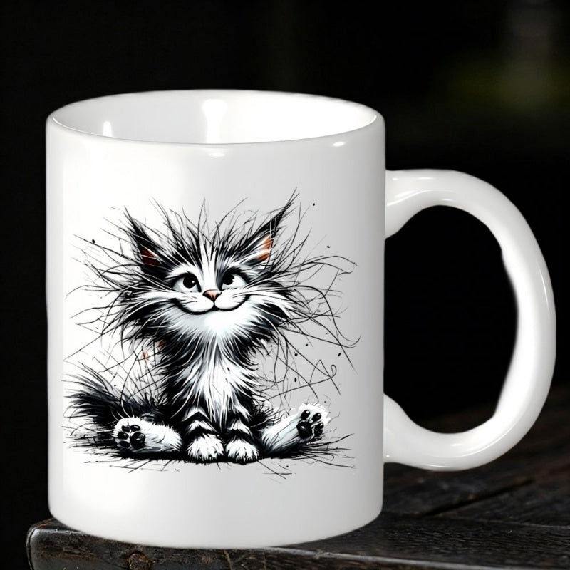 Tailorly White Ceramic 11 oz Mug - Whimsical Spiky Haired Black And White Messy Kitten Smiling Contentedly Cat