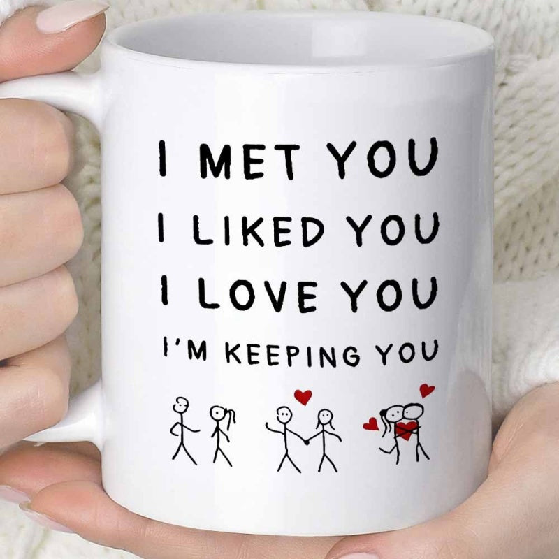 Tailorly White Ceramic 11 oz Mug - I Met You I Liked You I Love You I Am Keeping You Simple Minimalist Stick Figure Illustration With Tiny Red Love Hearts Couple
