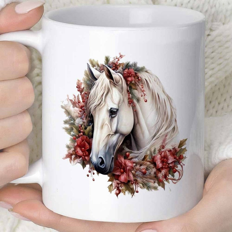 Tailorly White Ceramic 11 oz Mug - Elegant White Stallion Surrounded By Deep Red Flowers And Autumnal Foliage Horse