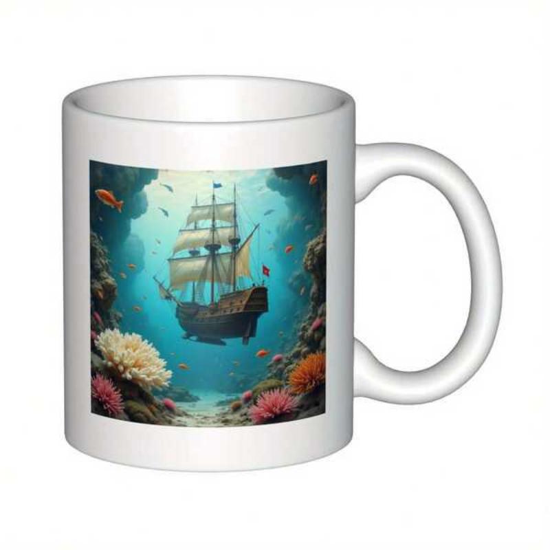 Tailorly White Ceramic 11 oz Mug - Majestic Ancient Wooden Vessel Floating Deep Underwater Near Colorful Vibrant Corals Ship
