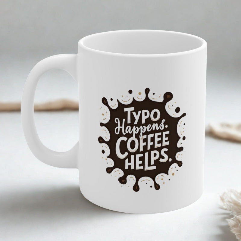 Tailorly White Ceramic 11 oz Mug - Typo Happens Coffee Helps Dark Brown Liquid Stain Splashing Outward Around Bold Artistic Text Splash