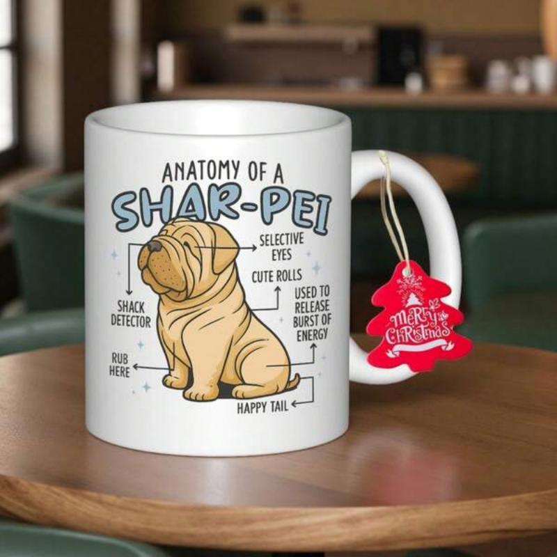 Tailorly White Ceramic 11 oz Mug - Anatomy Of A Shar Pei Adorable Wrinkled Sitting Dog With Anatomical Labels And Cute Body Features Shar Pei