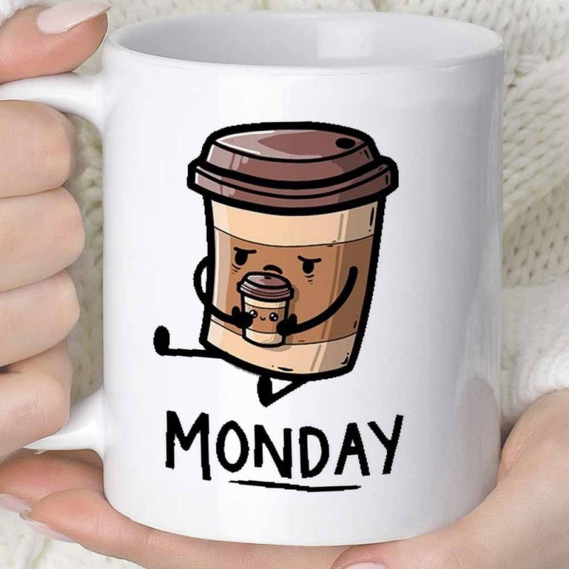 Tailorly White Ceramic 11 oz Mug - Monday Grumpy Cartoon Coffee Cup Holding A Mini Drink Looking Tired Coffee Cup
