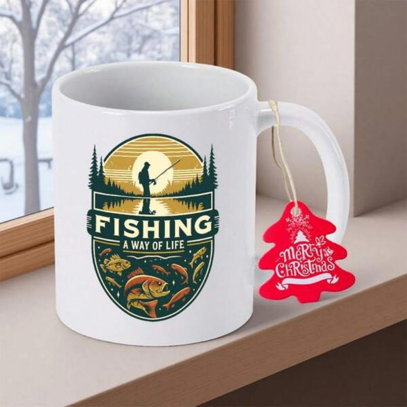 Tailorly White Ceramic 11 oz Mug - Fishing A Way Of Life Vintage Sunset Scene With Pine Trees And Jumping Bass Fisherman