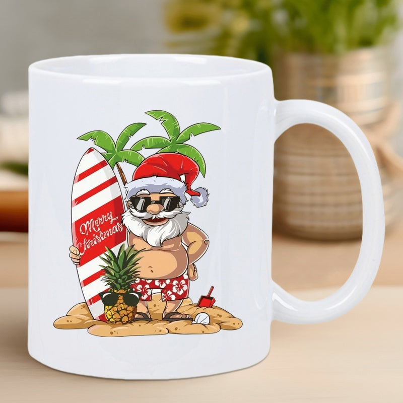 Tailorly White Ceramic 11 oz Mug - Merry Christmas Jolly Character Holding Surfboard On Tropical Sandy Beach Santa