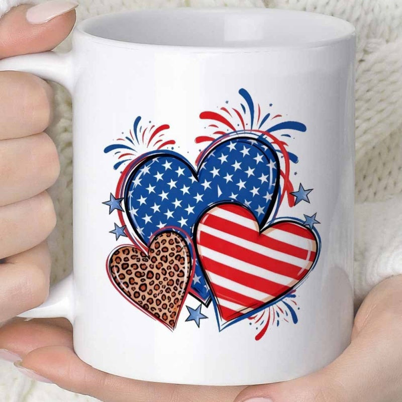 Tailorly White Ceramic 11 oz Mug - Patriotic American Flag Patterns Featuring Stars Stripes And Leopard Print Decorative Heart