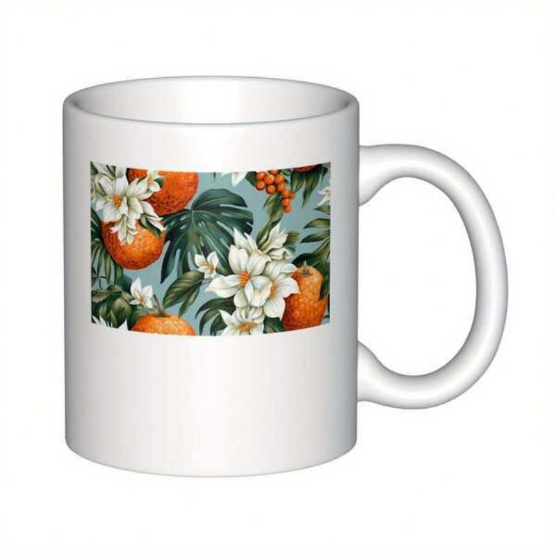 Tailorly White Ceramic 11 oz Mug - Lush Tropical Botanical Garden With Ripe Citrus And White Delicate Flowers Orange