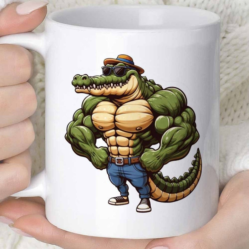 Tailorly White Ceramic 11 oz Mug - Powerful Cartoon Character Wearing Sunglasses And Trendy Denim Jeans Flexing Alligator