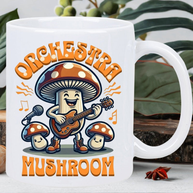 Tailorly White Ceramic 11 oz Mug - Orchestra Mushroom Happy Animated Fungi Playing Acoustic Guitar With Musical Notes And Microphones Mushroom