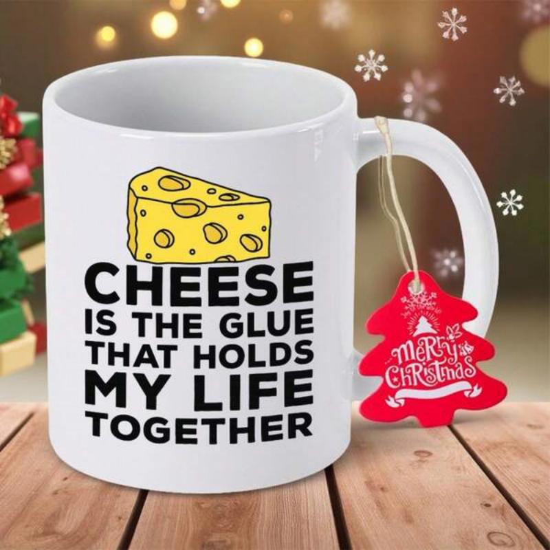 Tailorly White Ceramic 11 oz Mug - Cheese Is The Glue That Holds My Life Together Minimalist Black Typography Featuring Iconic Yellow Wedge Swiss Cheese