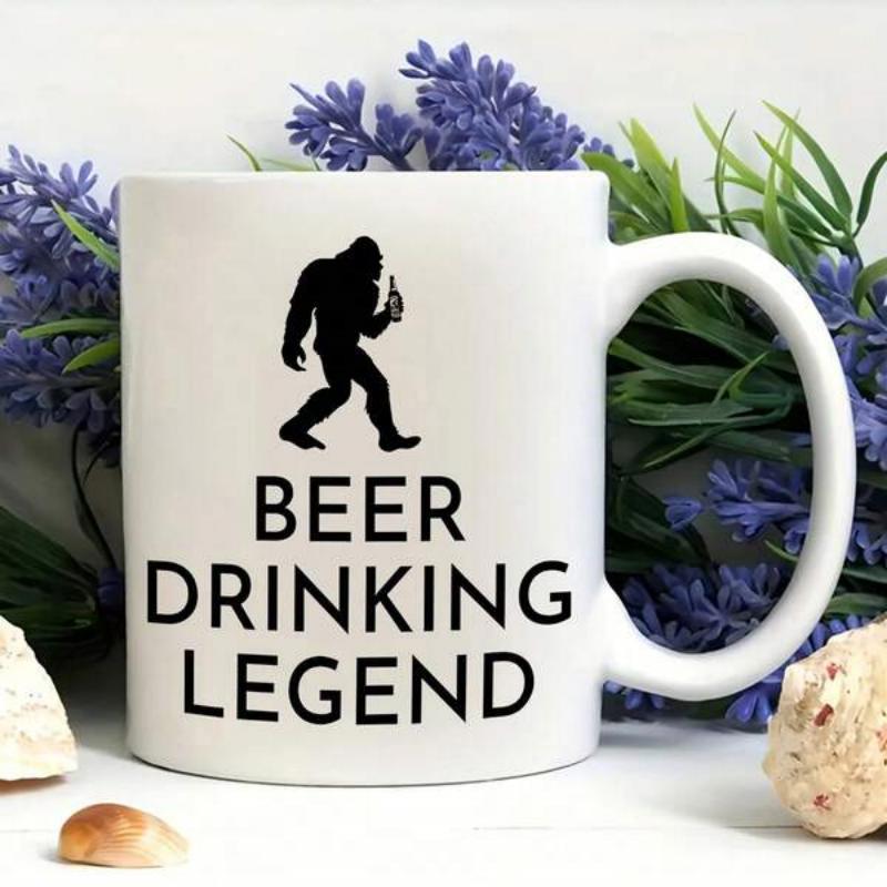 Tailorly White Ceramic 11 oz Mug - Beer Drinking Legend Mythical Creature Walking While Holding A Cold Refreshing Beverage Bottle Sasquatch