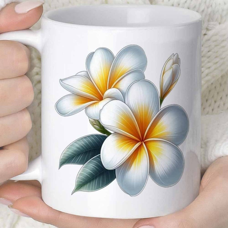 Tailorly White Ceramic 11 oz Mug - Elegant White Tropical Petals With Golden Centers And Vibrant Green Leaves Plumeria