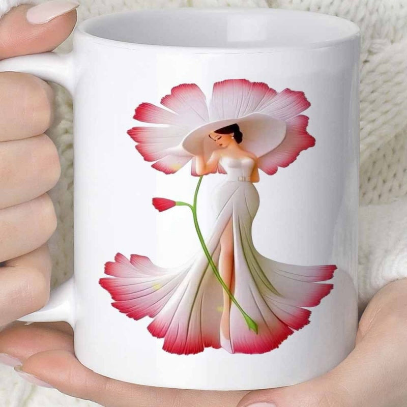 Tailorly White Ceramic 11 oz Mug - Graceful Floral Petal Gown With Delicate Pink Accents Elegant Lady