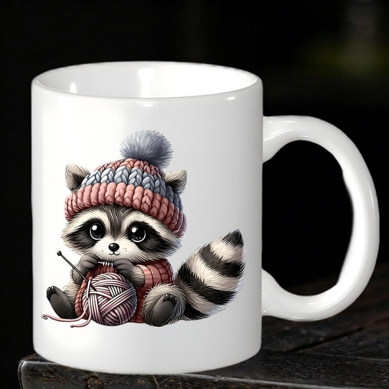 Tailorly White Ceramic 11 oz Mug - Adorable Small Baby Sitting Wearing Knitted Pink Pom Pom Hat Raccoon