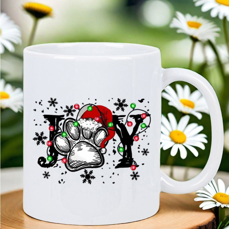 Tailorly White Ceramic 11 oz Mug - Joy Festive Dog Paw Wearing Red Santa Hat Among Snowy Christmas Lights Paw
