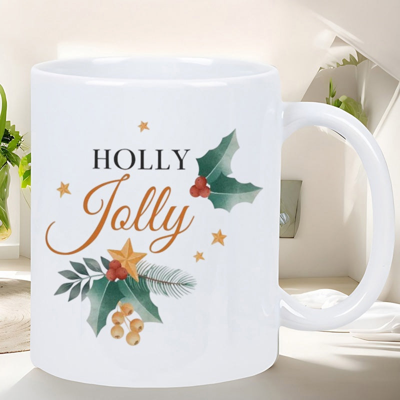 Tailorly White Ceramic 11 oz Mug - Holly Jolly Festive Holly Leaves With Red Berries And Golden Stars Among Pine Branches Mug