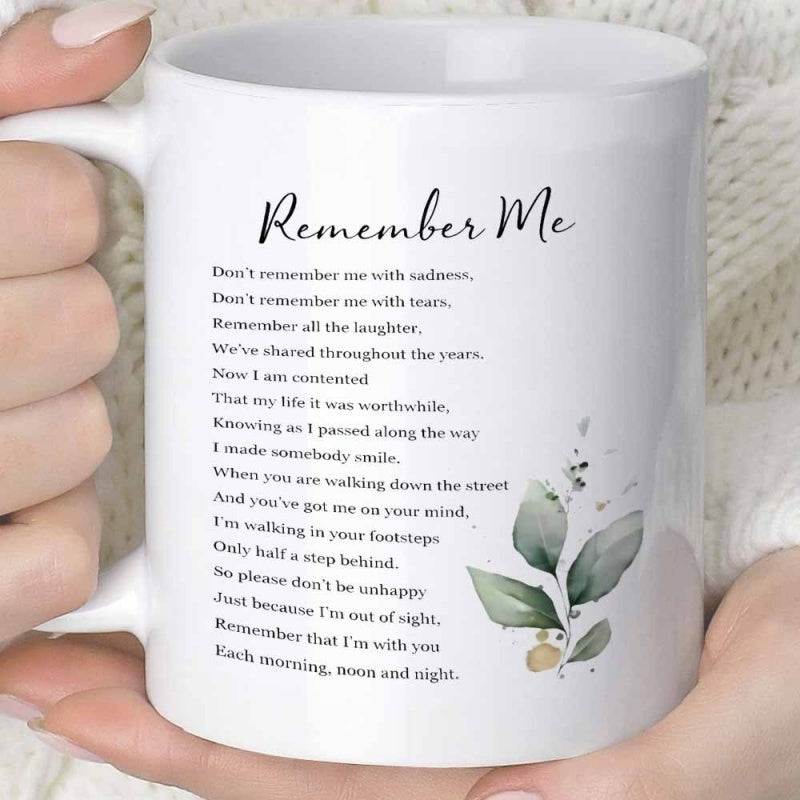Tailorly White Ceramic 11 oz Mug - Remember Me Soft Watercolor Green Leaves With Delicate Golden Accents Leaf
