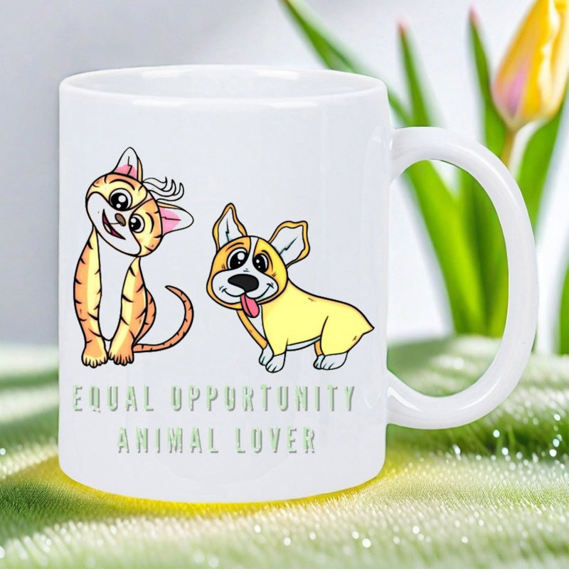 Tailorly White Ceramic 11 oz Mug - Equal Opportunity Animal Lover Adorable Cartoon Ginger Cat And Playful Yellow Puppy Mug
