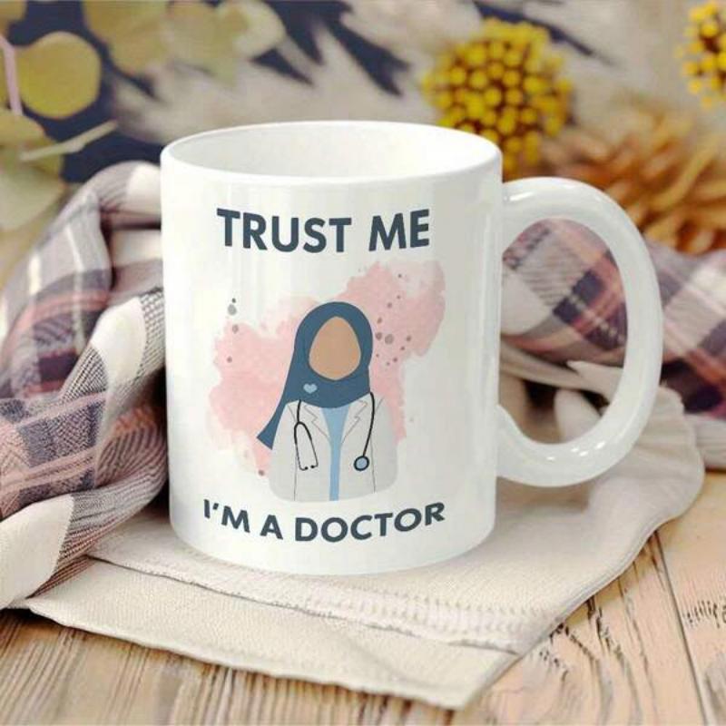 Tailorly White Ceramic 11 oz Mug - Trust Me Im A Doctor Minimalist Muslim Professional Woman With Stethoscope And Pink Watercolor Splash Doctor