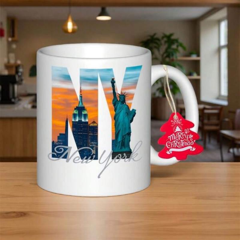 Tailorly White Ceramic 11 oz Mug - NY New York Famous Statue Of Liberty With Empire State Building Under Vibrant Sunset Glow Skyline