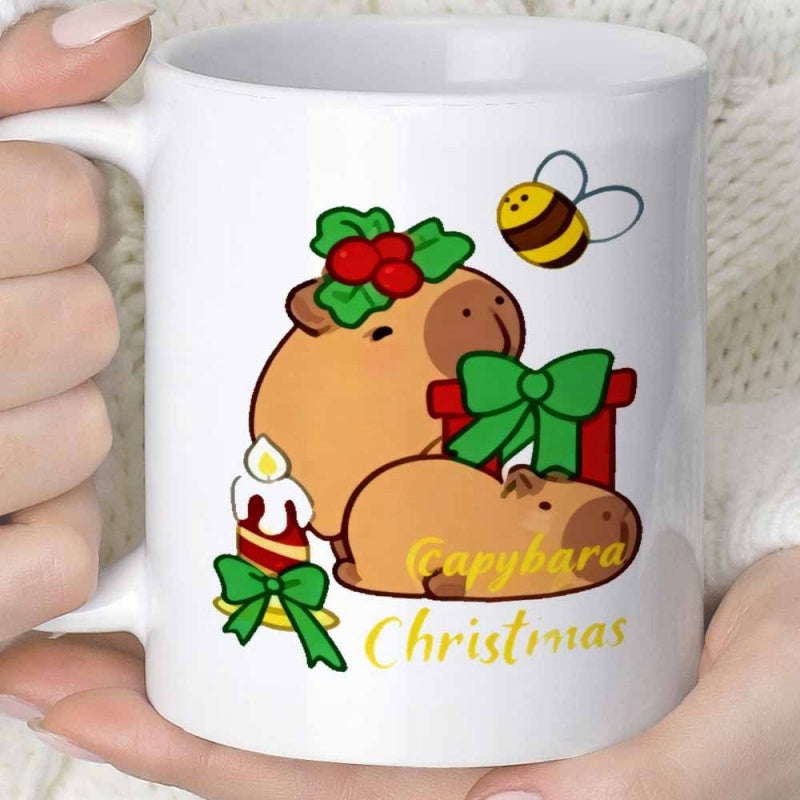 Tailorly White Ceramic 11 oz Mug - Capybara Christmas Cute Festive Cartoon Animals With Gift Box And Bee Under Holly Capybara