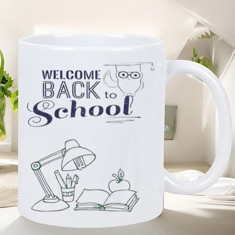 Tailorly White Ceramic 11 oz Mug - Welcome Back To School Line Art Elements Featuring Desk Lamp And Open Book Near A Wise Owl