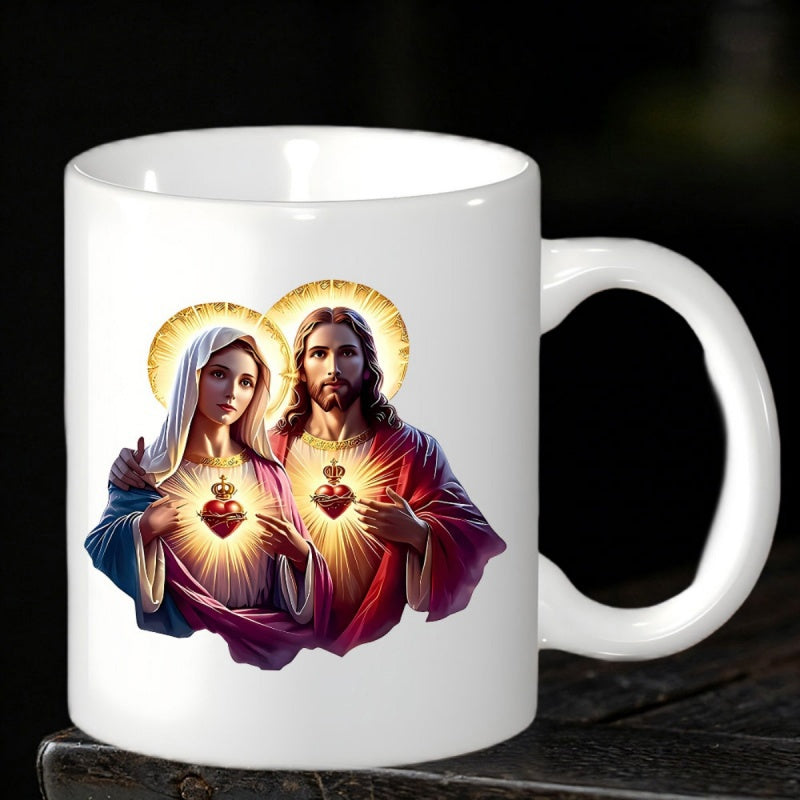 Tailorly White Ceramic 11 oz Mug - Sacred Heart Radiant Halos Glowing With Eternal Devotional Love Jesus And Mary